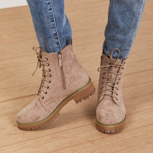 "Best of Luck" Khaki Combat Lace-up Suedette Booties - Picture 13 of 16